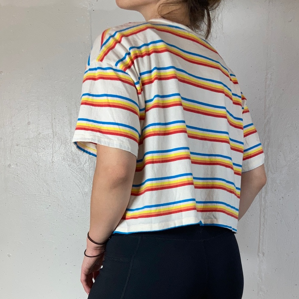 Rainbow Striped Cropped Short Sleeve Tee Shirt - Picture 6 of 7